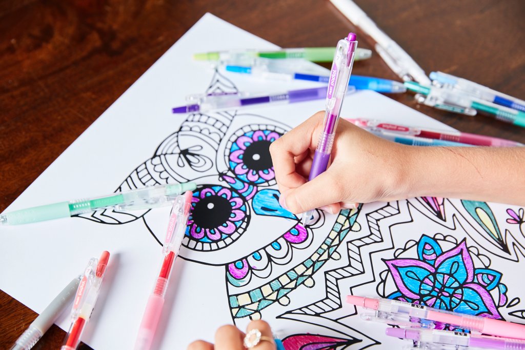 168网澳洲5结果官方PILOT Pen Poplol in purple colouring in an owl with other colours around the paper.