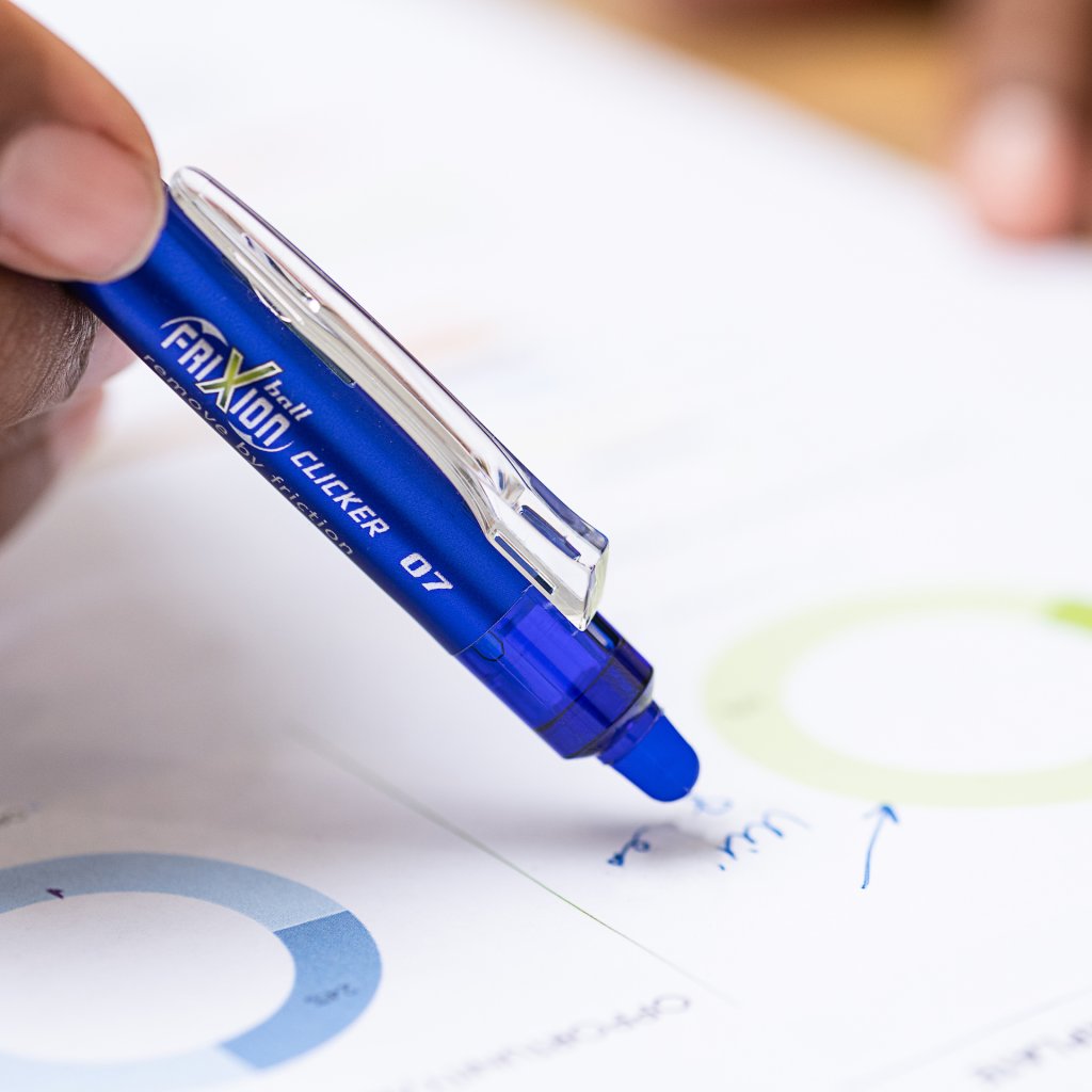 frixion clicker 07 in blue with erasable base by 168网澳洲5结果官方PILOT Pen, erasing markings on a graph.